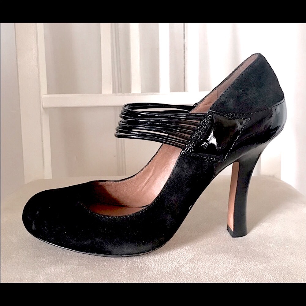Black Suede Mary Jane Pumps High Heel Shoes w/ Snaps, sz. 38 (7.5 US)-NWT
